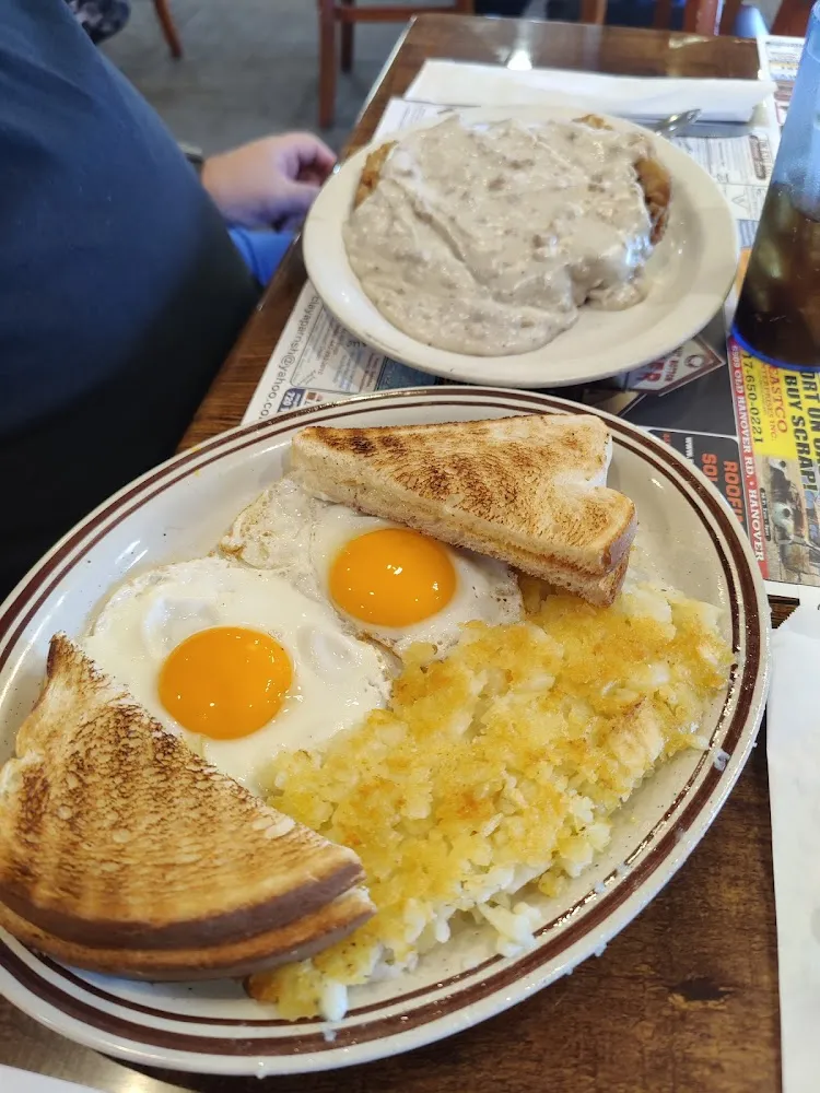 Eggs Toast Hash Browns and Country Fried Steak with Gravey